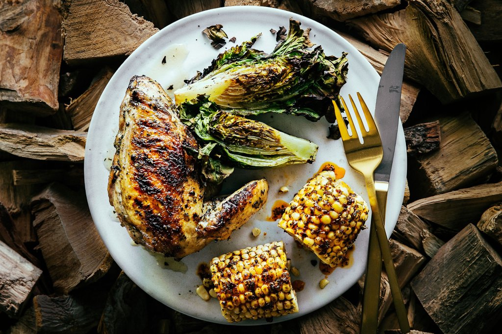 Grilled Chicken with Spicy Corn on the Cob and Grilled Lettuces